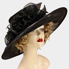 Style No : [260041] H1709-Bk-20"R-Organza Color : Black Size : 20" R, 6.5" Id, 5" H Wide Brim Organza Derby Hat Black Curved Brim Hat For Church, Black Brimmed Church Hat, Black Brimmed Hats For Church, Black Short Brim Hat For Church, Black Curved Brim Hat For Royal Ascot, Black Curved Brim Hats For Races, Black Hat With Curved Brim For Royal Ascot, Black Flat Brim Hat For Kentucky Derby, Adjustable Black Hat For Races