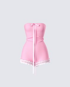 Too good to be true 🎀 Give them every reason to daydream about you with this pink romper made from a lined jersey fabric and complete with a long bow and lace trim 💕 Pink Two Piece Outfit, Pink Clothes, Long Bow, Pink Romper, Pink Accessories, Cute Lazy Outfits, Strapless Romper, Pink Fits, Pink Rompers