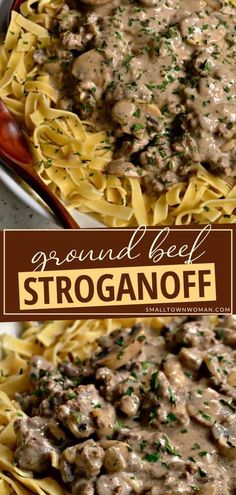 a plate of beef stroganonoff with gravy on top and a serving dish in the background