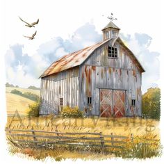 a painting of an old barn with birds flying over it in the sky and on the ground