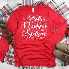 Reason for Season Long Sleeves Shirt Thanksgiving Tshirt Ideas, Gift Ideas For Christmas, Quote T Shirt, Season Quotes, Wallet Minimalist, Religious Christmas, Handmade Leather Wallet, Shirt Quilt, Long Sleeve Tee Shirts