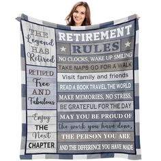 a woman is holding up a blanket with the words retirement rules on it, and there are