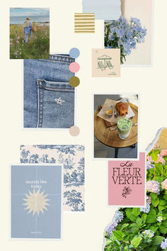 a collage with blue and pink flowers, pictures, and other things on it