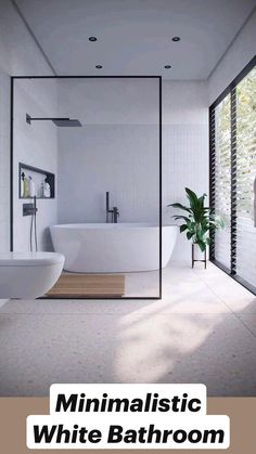 a bathroom with a large white bathtub next to a toilet