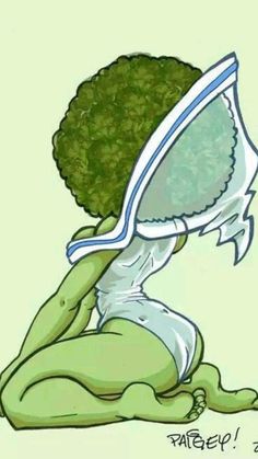 a drawing of a broccoli head on top of a woman's body