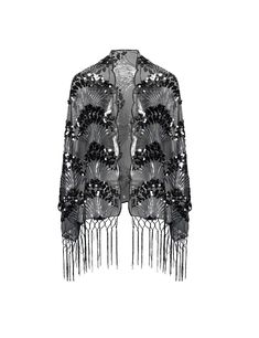 PRICES MAY VARY. Chiffon,Polyester,Sequin Material: high quality polyester with sequins,fringe and embroidery Size: One size fits most. 63.4"x24" (length of fringe not included); Length of fringe: 9.3". Design: See-through evening shawl and wrap embellished with sequined shell, embroidery decoration and open front design, ends with tassel weaving design. This chiffon and lightweight wrap with blinking decorative sequins can match perfectly with your 1920s flapper outfit, also charming with any o Peacock Shawl, Evening Shawls And Wraps, Shell Embroidery, Flapper Outfit, Cape Wedding, Sequin Material, Evening Shawls, Vintage Shawls, Embroidery Decoration