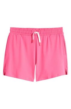 Keep your child comfy on casual days in soft and stretchy shorts perfect for playing our lounging with its adjustable drawstring waist. Elastic/drawstring waist Side-seam pockets 88% polyester, 12% spandex Machine wash, tumble dry Imported Sporty Swim Trunks With Built-in Shorts For Play, Playwear Pajama Shorts With Elastic Waistband, Pink Stretch Activewear With Drawstring, Casual Stretch Swim Trunks For Loungewear, Moisture-wicking Shorts For Summer Play, Short Pajama Shorts With Elastic Waistband, Casual Stretch Swim Trunks, Stretch Drawstring Athletic Shorts For Loungewear, Loungewear Stretch Athletic Shorts With Drawstring