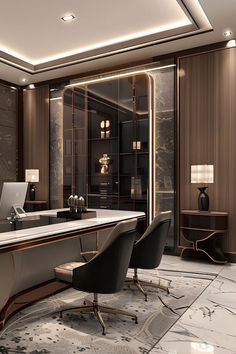 an elegant office with marble floors and walls