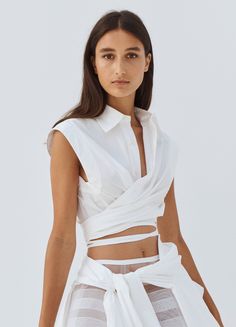 Sleeveless Draped Shirt in Ivory Pre Fall 2023, Layered Tank Top, Pleated Skirts, Draped Top, Wrap Shirt, Men's Tops, Asymmetrical Skirt, Fashion Mistakes