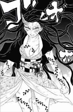 a black and white drawing of a woman with long hair, wearing a costume that has an evil look on her face