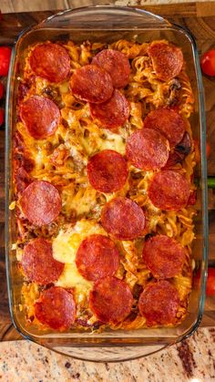 a pizza casserole with pepperoni and cheese