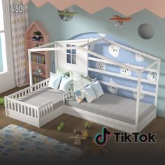 a child's bedroom with bunk beds and toys