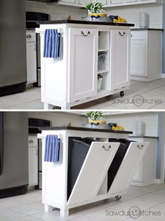 two pictures of the same kitchen island in different stages of being used as a storage unit