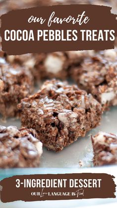 chocolate pebbles treats on a plate with text overlay