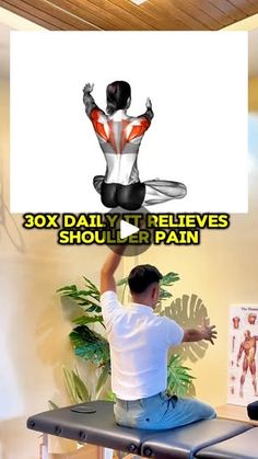 a man sitting on top of a table in front of a poster with the words 30x daily exercises