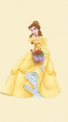 a drawing of a woman in a yellow dress holding a basket with flowers on it