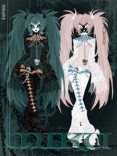 two anime characters are standing next to each other in front of a black background with green and pink hair