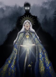 an image of the virgin mary in blue and gold with her hands on her hips