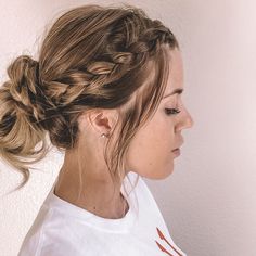 Low Messy Bun With Braid Tutorials, Messy Hair Wedding Styles, Braids With Buns Half Up, Wedding Braid Bun Hairstyles, Messy Bun With Plait, Braids To Messy Bun, Messy Bun Hairstyles With Braid, Braid To Messy Bun, Cute Hairstyles Buns And Braids