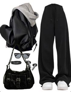 Outfits With Joggers Women Winter, Winter Outfits Y2k Street Styles, Leather Jacket And Sweatpants, Cubby Outfits Style, Fits With Black Sweatpants, Black Coat Outfit Women, Baggy Black Sweatpants Outfit, Black Baggy Sweatpants Outfit, Hoodie With Jacket Outfit