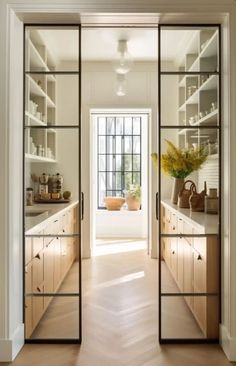 an open door leading to a kitchen with lots of shelves and cupboards in it