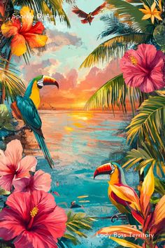 a painting of tropical flowers and birds on the water with palm trees in the background