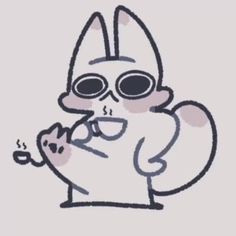 a drawing of a cat wearing goggles and holding a cup in one hand with the other