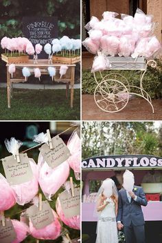 pink and blue wedding decorations with candy floss