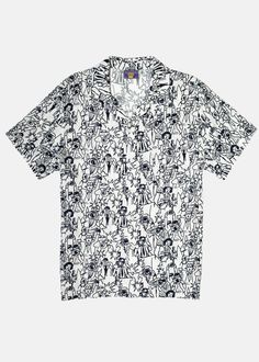 Embrace laid-back style with our men's Paparazzi Button-Up Camp Shirt. This shirt features a relaxed camp collar neckline, ideal for breezy summer days. Crafted from a lightweight woven fabric, it offers comfort and style in equal measure. Adorned with black graphics of doodled paparazzi on a white shirt, it adds a playful touch to your look. - Collared neckline Short sleeves Standard fit Button closures Lightweight feel Custom pattern Return Policy Shipping Policy White Unstructured Casual Camp Shirt, White Relaxed Fit Collared Camp Shirt, White Camp Shirt With Graphic Print, White Casual Shirt With Camp Collar, White Relaxed Fit Camp Shirt With Spread Collar, White Collared Beach Shirt, White Relaxed Fit Camp Shirt For Summer, White Collared Shirt For Beach, White Unstructured Shirt With Camp Collar