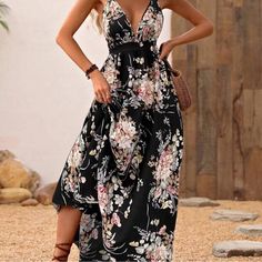 Shein Floral Maxi Dress Never Worn, Needed A Smaller Size. Black Sundress For Spring Party, Black Spring Party Sundress, Black Party Sundress For Spring, Black Bohemian V-neck Sundress, Black Floral Print Vacation Dress, Black Floral Print Maxi Dress For Summer, Black Floral Print Sundress For Party, Black Floral Print Maxi Dress For The Beach, Black Floral Print Maxi Dress For Beach