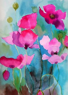 watercolor painting of pink and purple flowers