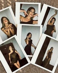 four polaroid photos of women in black dresses posing for the camera with their hands on their hips