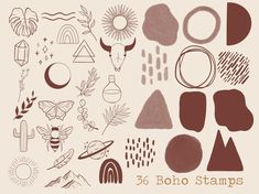 various shapes and sizes of stamps on a white background with the words, boho stamps