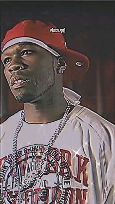 a drawing of a man wearing a red hat and white shirt with chains on his neck