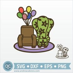 an image of a couch and chair with balloons on the top, in front of a potted plant