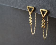 Front Back Earrings, Double Sided Earring, Geometric Triangle Studs, Modern Ear Jacket, Long Gold Chain Unusual Earrings, Brass Jewelry-mara - Etsy Double Sided Earrings, House Items, Earrings Double, Front Back Earrings, Boys Jewelry, Unusual Earrings, Triangle Studs, Ear Jacket, Geometric Triangle