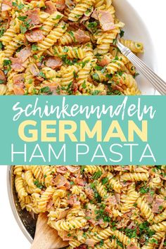 a bowl full of pasta with ham and parsley