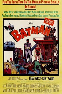 the batman movie poster is shown in yellow and black, as well as other characters