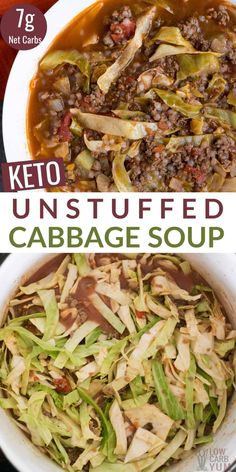 keto unstufffed cabbage soup in a white bowl with text overlay