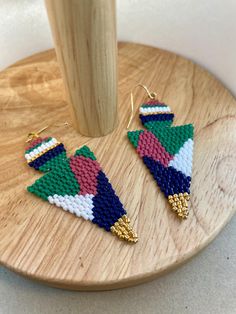 geometry pattern earrings Multicolor Beaded Geometric Earrings, Handmade White Triangle Beaded Earrings, Handmade Beaded Earrings, Earrings Triangle, Beaded Earring, Geometry Pattern, Earrings Colorful, Handmade Earrings Beaded, Earring Ideas