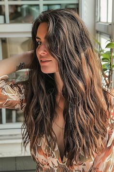 Woman with long, dark brown straight hair featuring choppy textured layers Hairstyles, Hair Styles