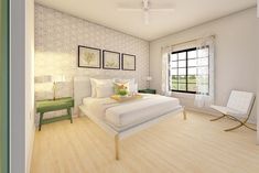 an artist's rendering of a bedroom with white furniture