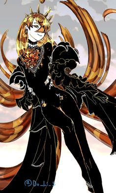 an anime character is dressed in black and gold