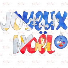 the words joy, joy and joy are painted in different colors on white paper with snowflakes