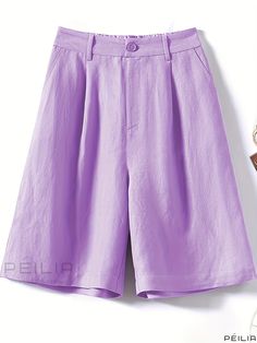 Peilia - Classic Elastic Waist Shorts with Pockets, Timeless Knee-Length Button Detail, Womens Vintage Apparel Purple Solid Color Bottoms For Spring, Spring Purple Solid Bottoms, Spring Purple Solid Color Bottoms, Casual Wide Leg Shorts With Buttons, Wide Leg Buttoned Shorts For Spring, Summer Short Pants With Buttons, Spring Short Pants With Button Closure, Pocket Pattern, Elastic Waist Shorts