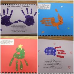 four different handprints are shown on the same sheet of paper, and each one has an image of a child's hand