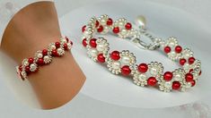 two red and white bracelets on display next to each other, one with pearls