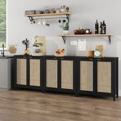 a kitchen with shelves and baskets on the wall