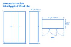 the measurements for an ikea bystad wardrobe in blue and white on a white background