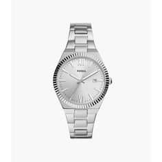 This 38mm Scarlette features a silver sunray dial, three-hand date movement and stainless steel bracelet. Trendy Bracelets, Fossil Watch, Three Hands, Women's Watch, Steel Watch, Stainless Steel Watch, Minerals Crystals, Stainless Steel Bracelet, Quartz Watch